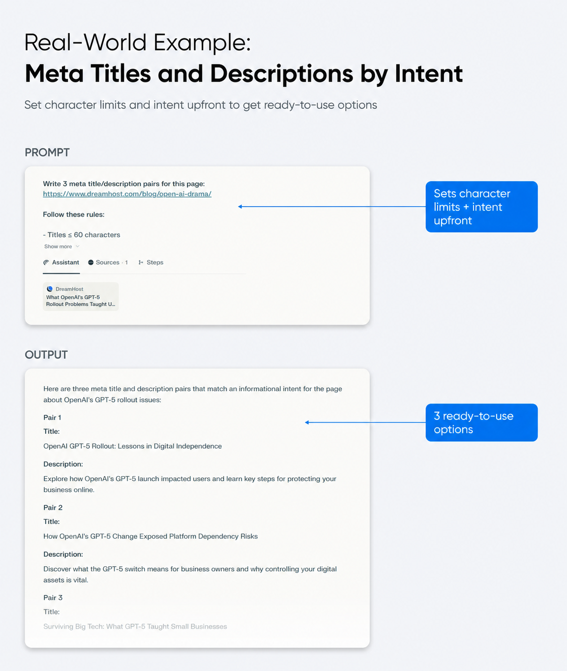 Real-world example of a prompt requesting three meta title/description pairs with character limits