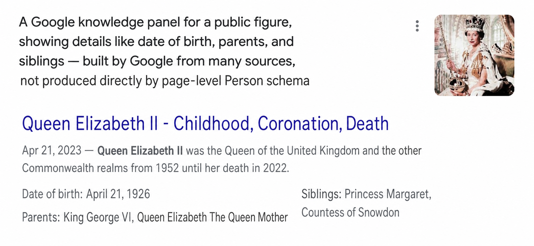 A Google knowledge panel for a public figure showing date of birth, parents, and siblings