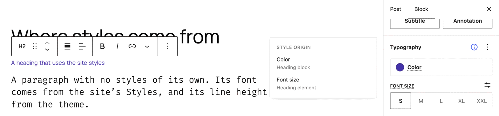 WordPress block settings showing a Style Origin panel: the heading's color comes from the Heading block and its font size from the Heading element