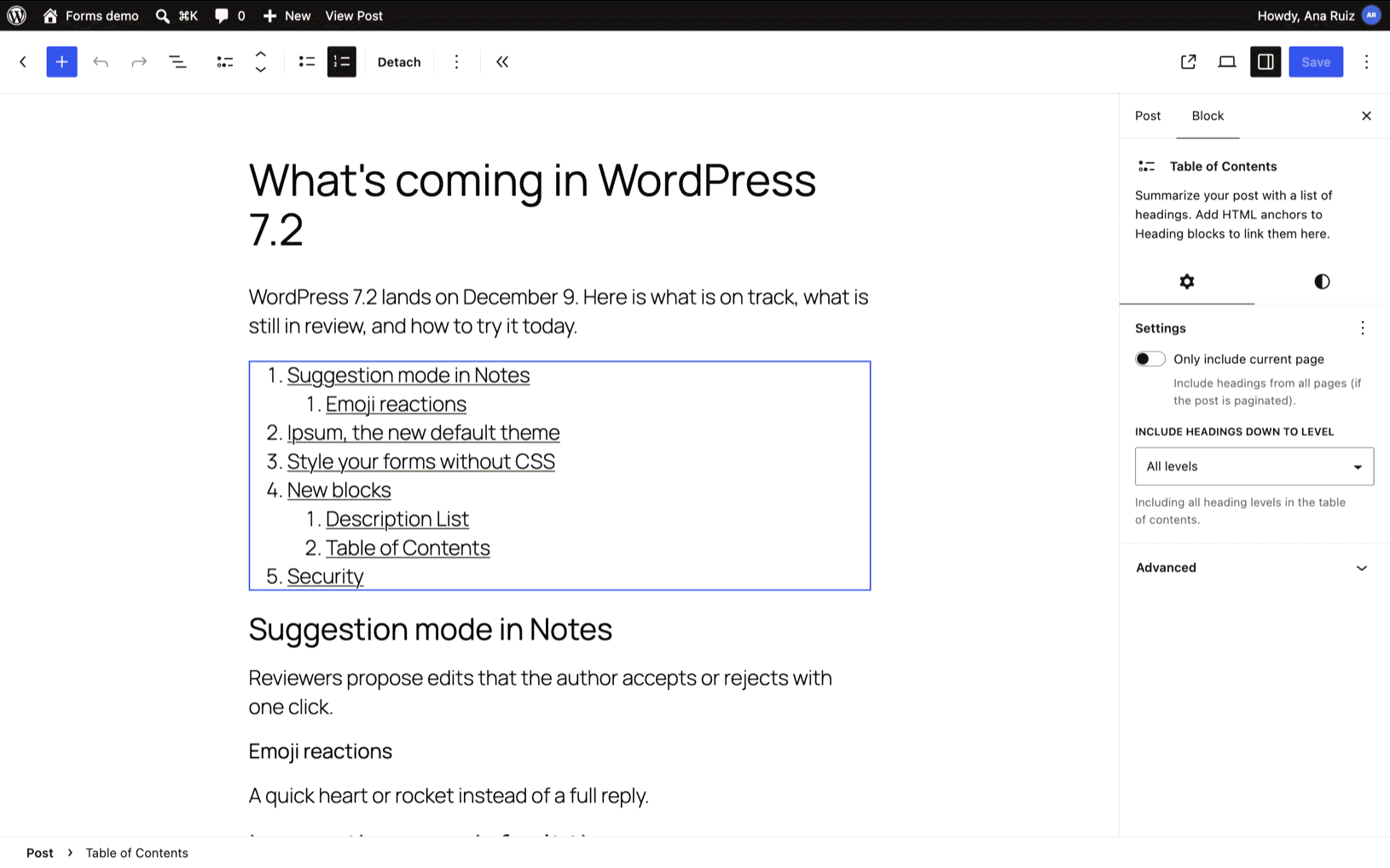 WordPress editor with a Table of Contents block listing the post's headings as nested, numbered links
