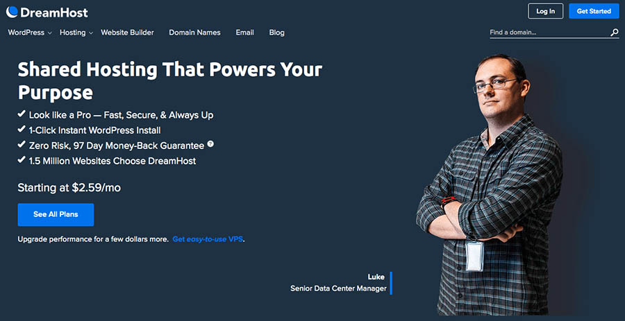 DreamHost's shared hosting homepage
