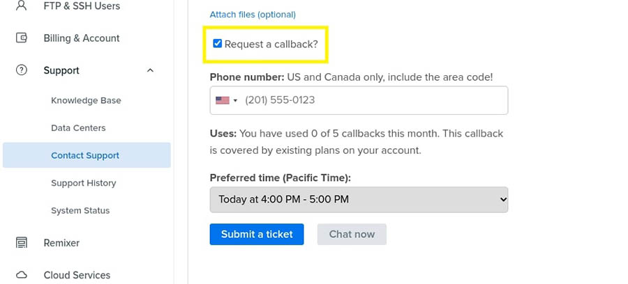The option to request a callback when contacting DreamHost tech support.