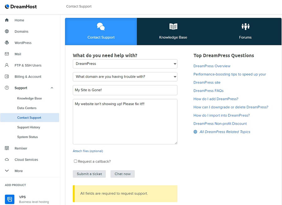 DreamHost’s Contact Support form improperly filled out.