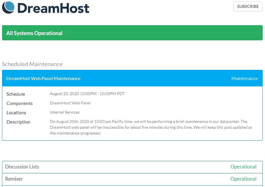 DreamHost’s status page.