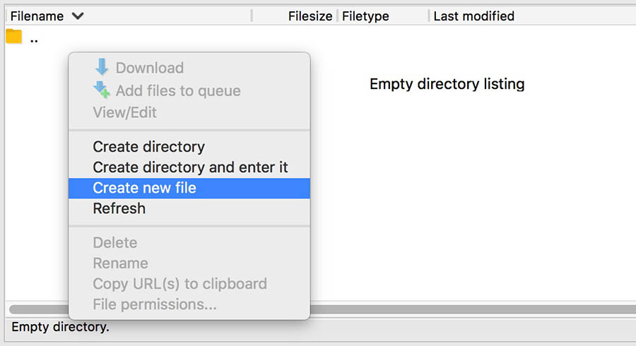 filezilla ftp example 'create new file'
