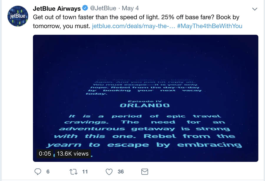 JetBlue's Star Wars-themed holiday Twitter post. 