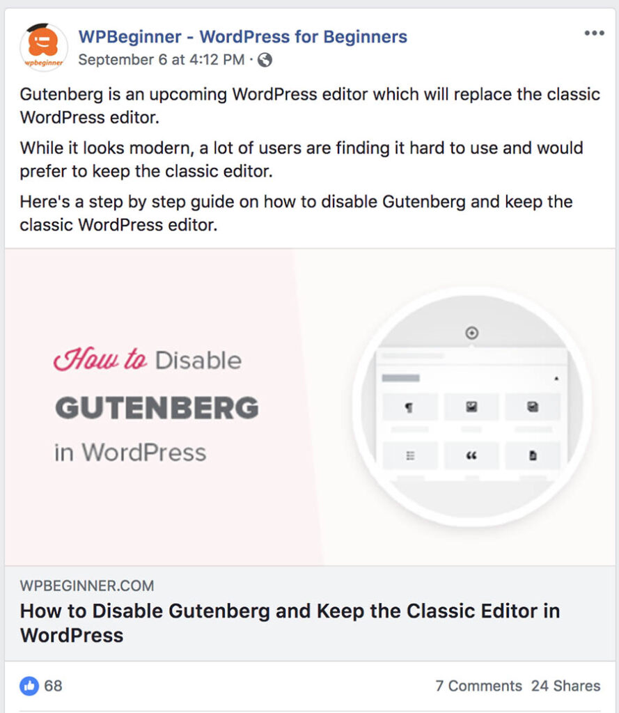 The WP Beginner website on Facebook. 