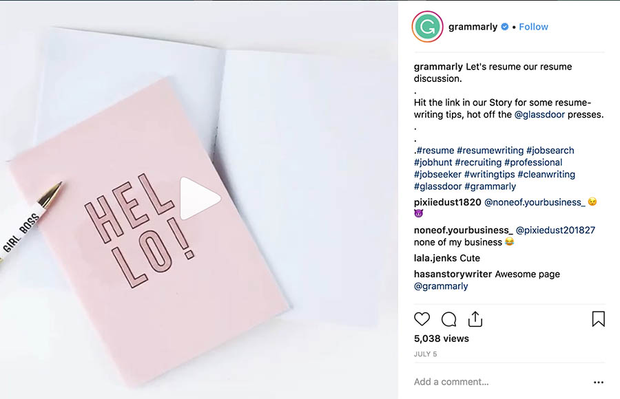 Grammarly post on Instagram. 