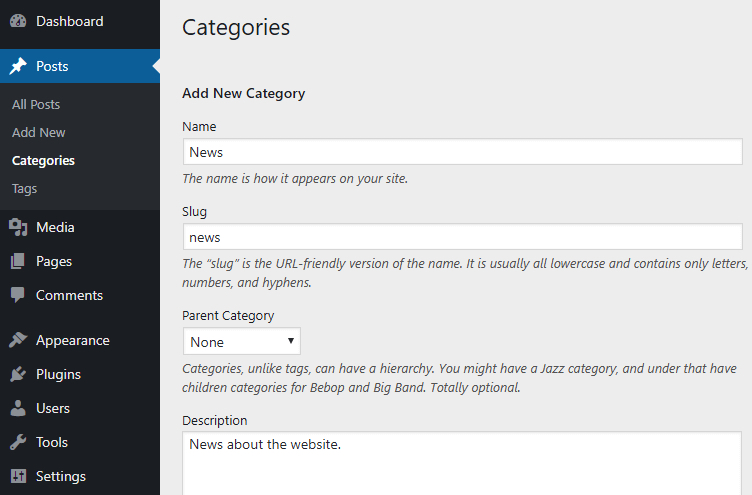 Adding a new category in WordPress.