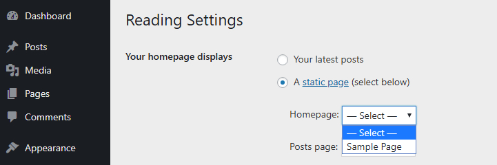 The WordPress Reading Settings screen.