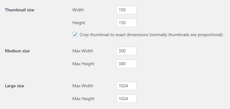 Default image sizes in WordPress.