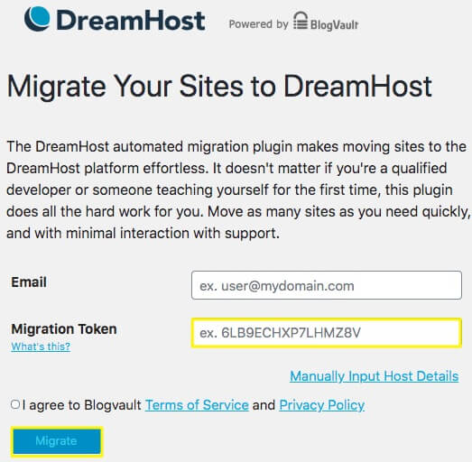 “La interfaz del plugin de Migración Automatizada.”