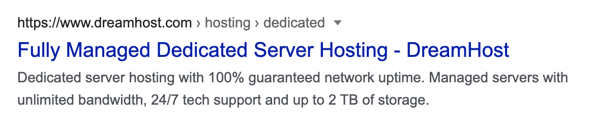 DreamHost meta description and title tag