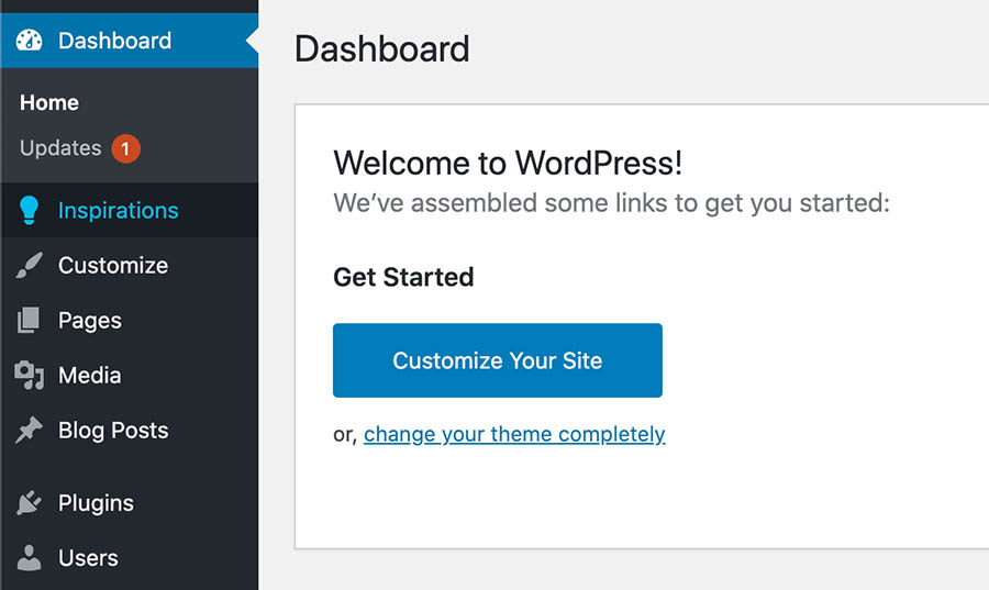 'Inspirations’ menu in the WordPress dashboard.