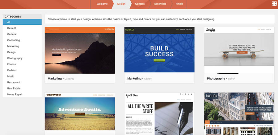 WP Website Builder themes menu. 