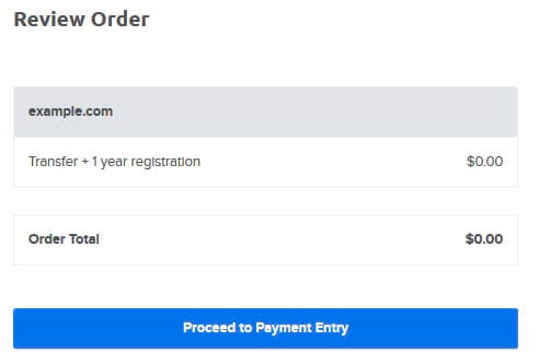 Reviewing order total for example.com ‘Transfer + 1 year registration’