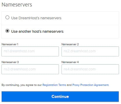 Filling out nameserver information with the “Use another host’s nameservers” option clicked. 