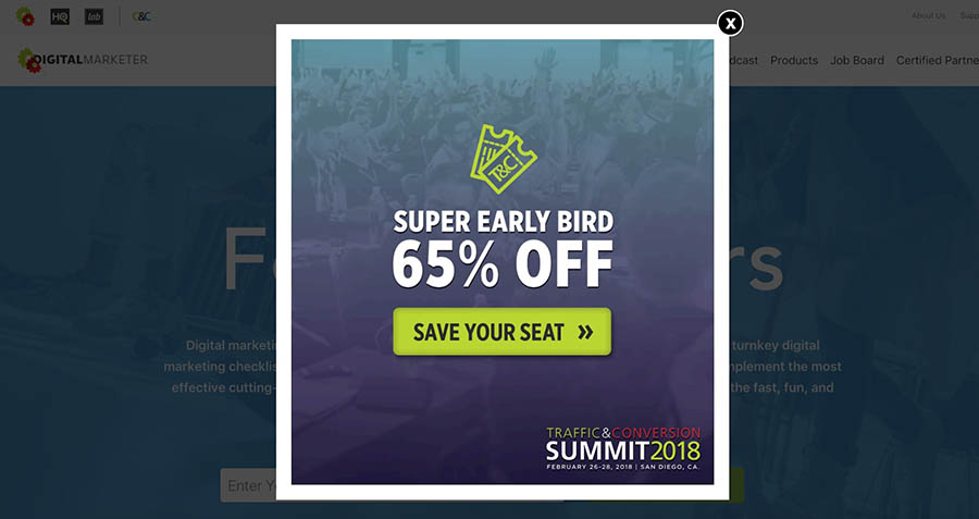 example of pop-up 'super early bird 65% off'