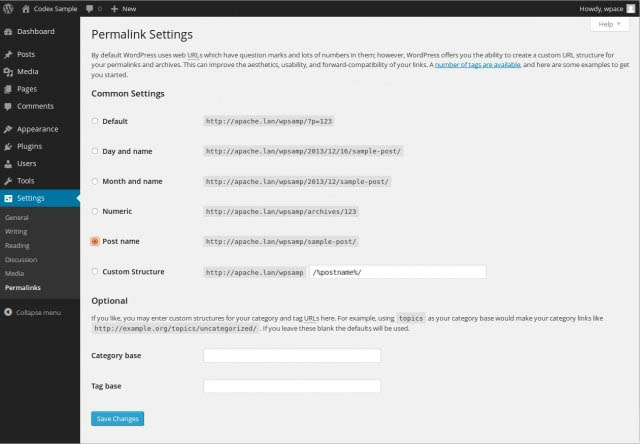 WordPress dashboard permalinks settings page