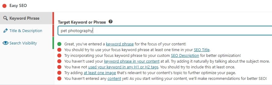 SEO suggestions for the “pet photography” keyword.