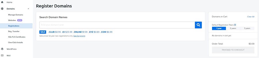 Registering a domain name using DreamHost’s control panel.