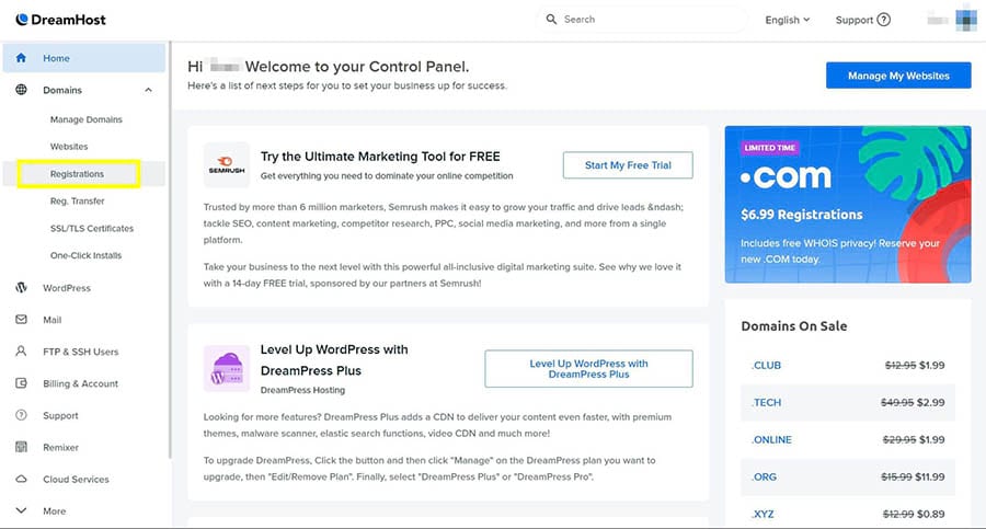 The Domain Registration link in the DreamHost control panel.