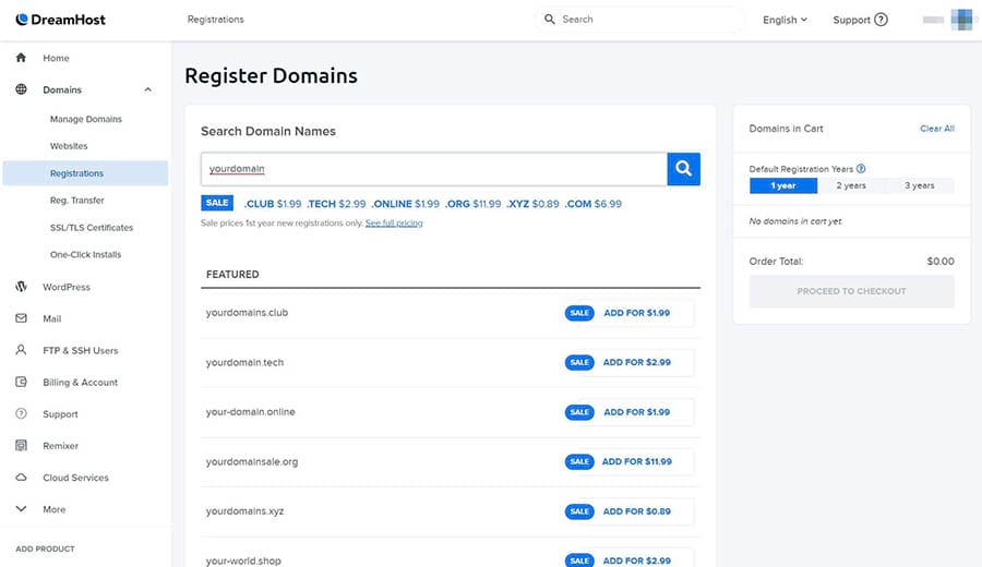 Registering a new domain in the DreamHost panel.