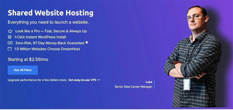 Shared Hosting plan features in DreamHost’s homepage 