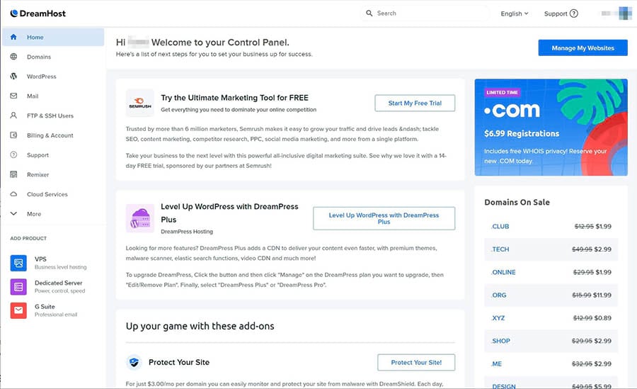 The DreamHost control panel.