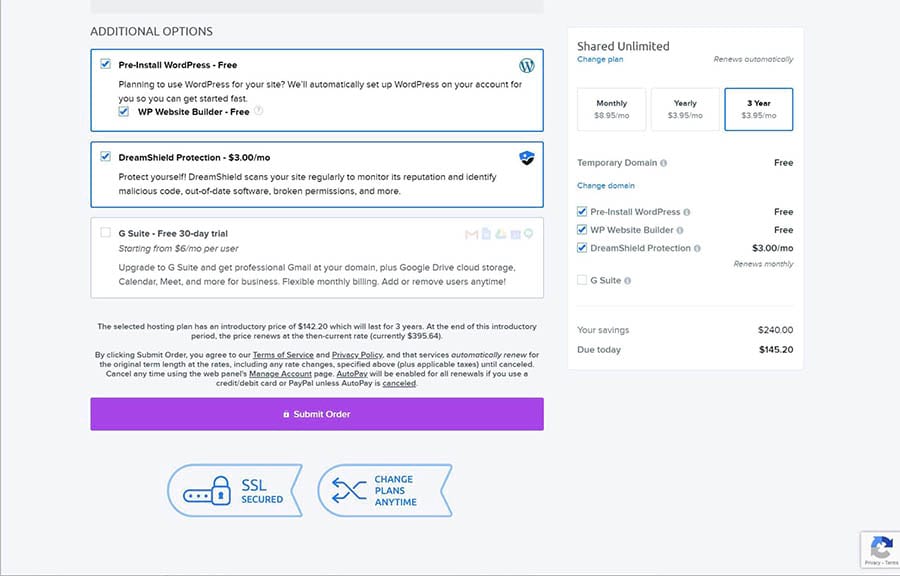 Additional options for a new DreamHost account.