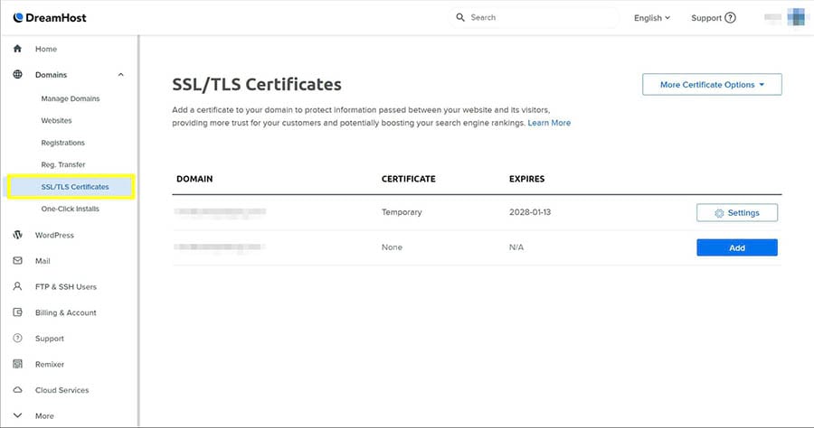 Adding an SSL certificate in the DreamHost panel.
