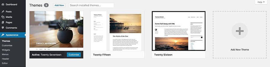 The Themes screen, showing three default WordPress themes.