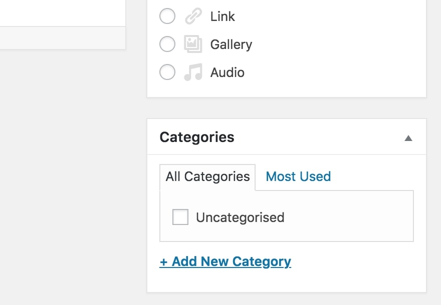 The Categories section in the WordPress content editor.