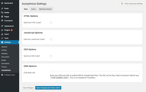 The Autoptimize settings page.