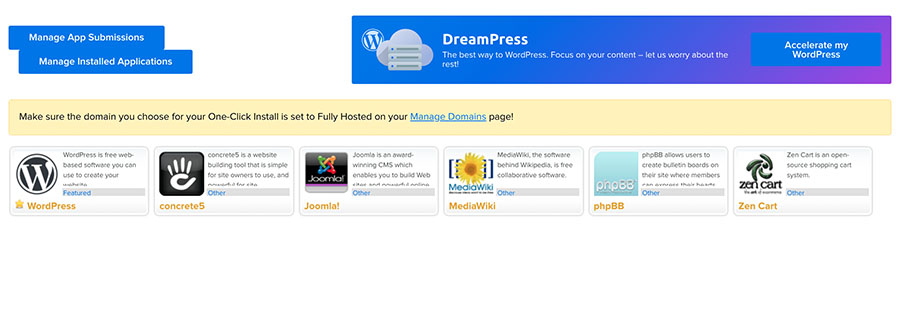 One-click install options at DreamHost.