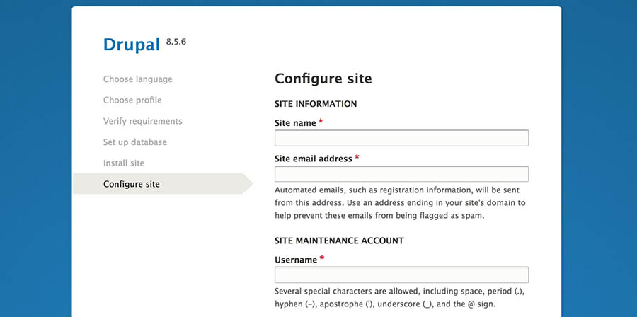 Configuring your new Drupal site.