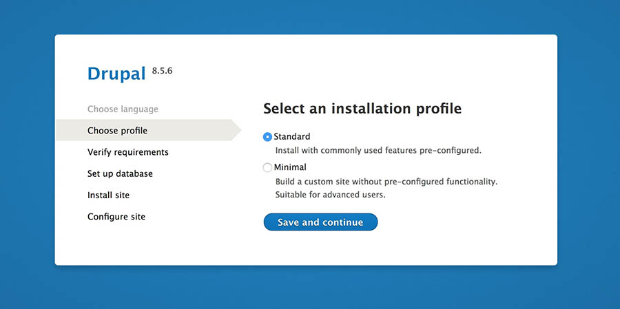 Choosing the Drupal installation profile.