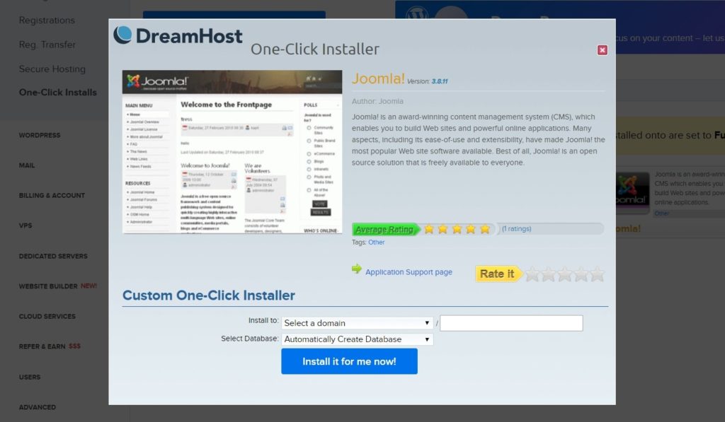 The Joomla! one-click install option for DreamHost.