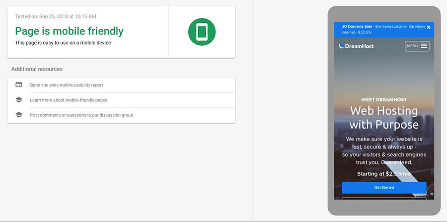 Mobile-Friendly Test results page.