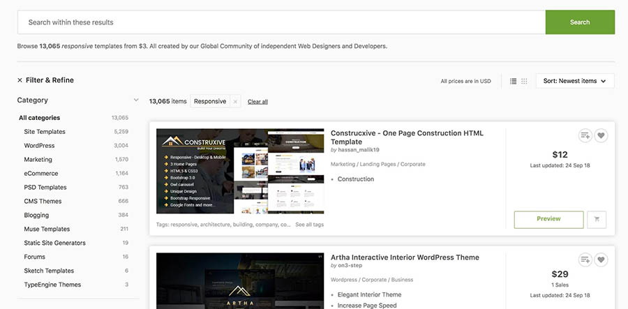 Browsing responsive themes on ThemeForest.