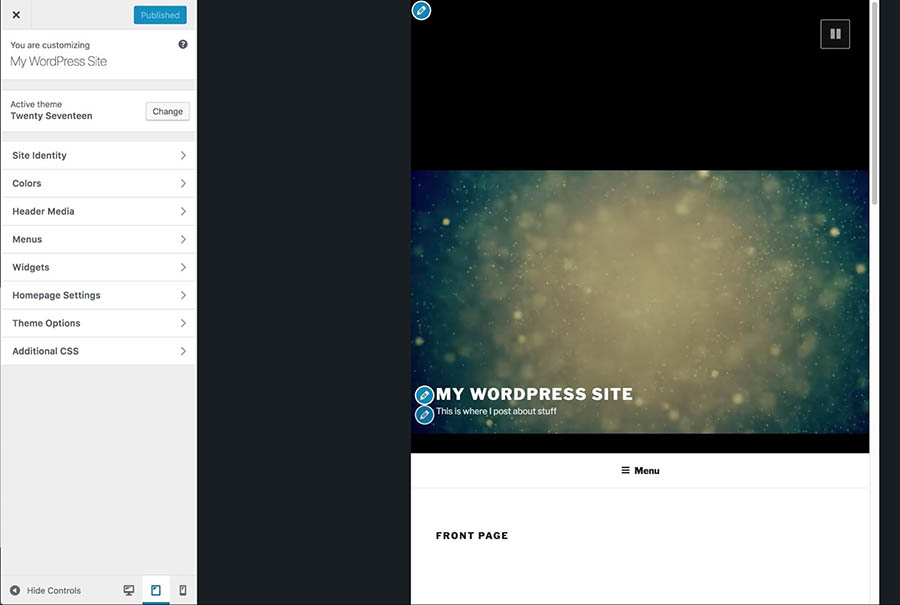 Customizing a site’s appearance in tablet mode.