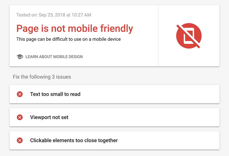 Mobile-Friendly Test results, showing that the page is not mobile friendly.
