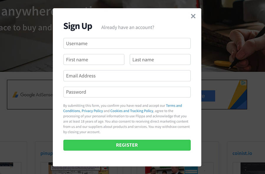 Signing up for a Flippa account.