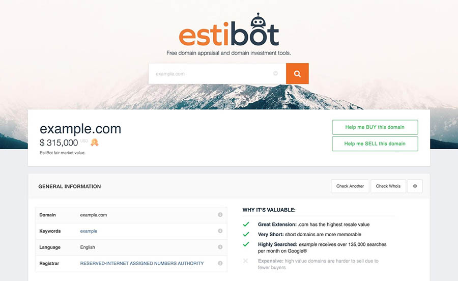 A domain appraisal in EstiBot for example.com.