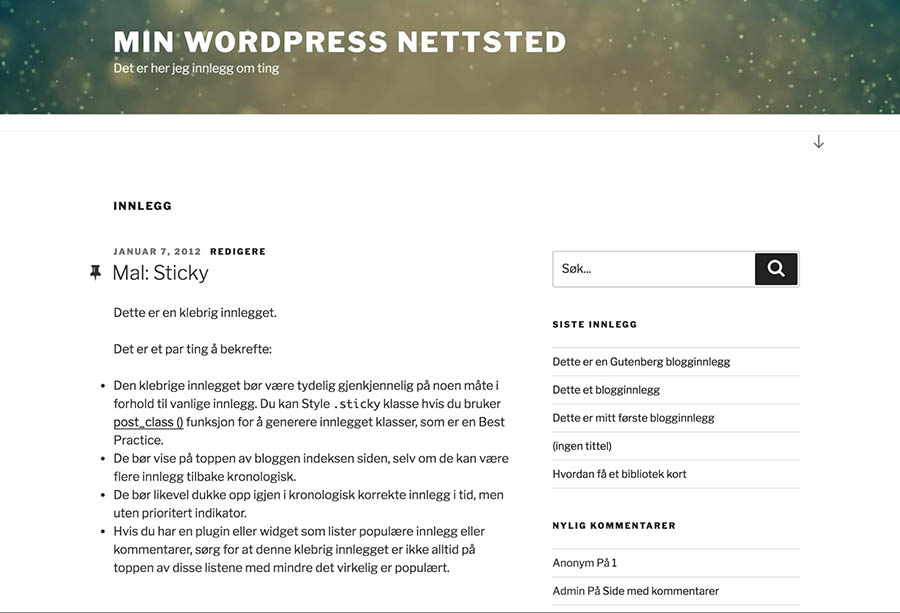 An example of a WordPress site translated into Norwegian.