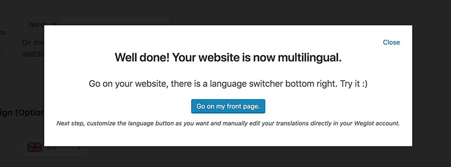 A message informing you that your website is now multilingual.