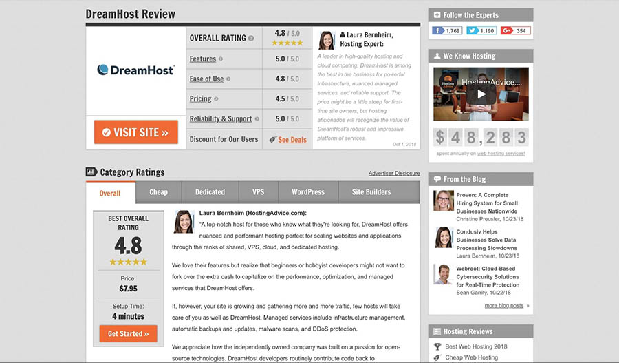 an example of a review of DreamHost on HostingAdvice.com.