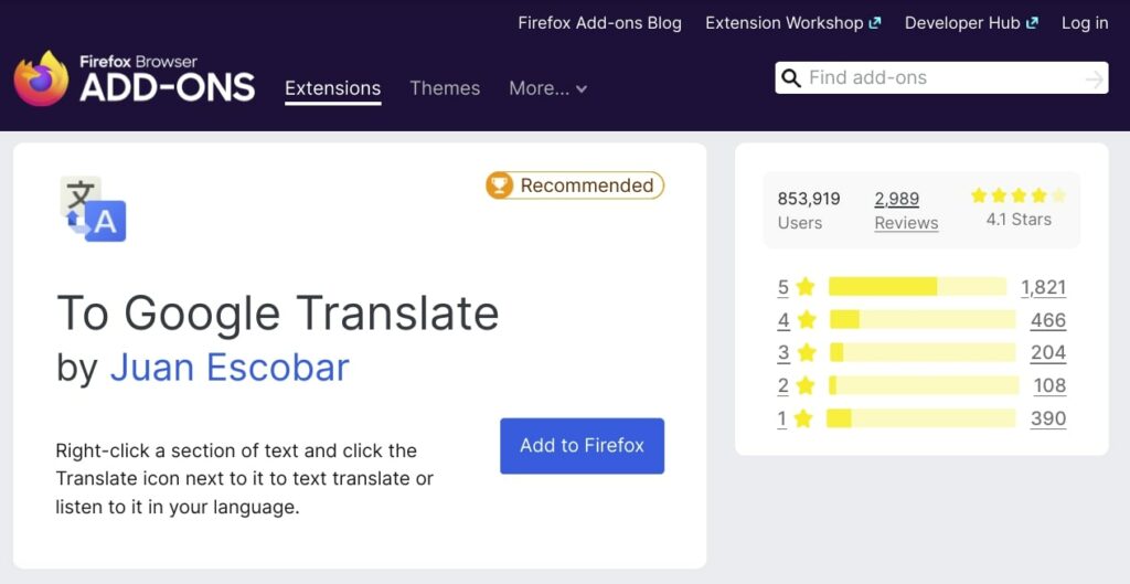 The Firefox To Google Translate extension