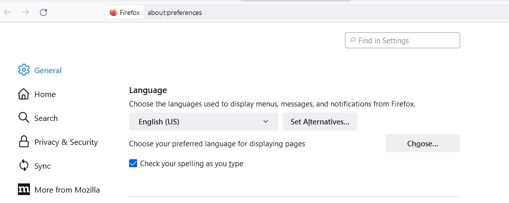 The Firefox language settings