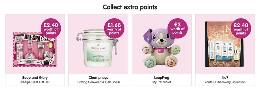 The Boots website, showing several products and their points values.